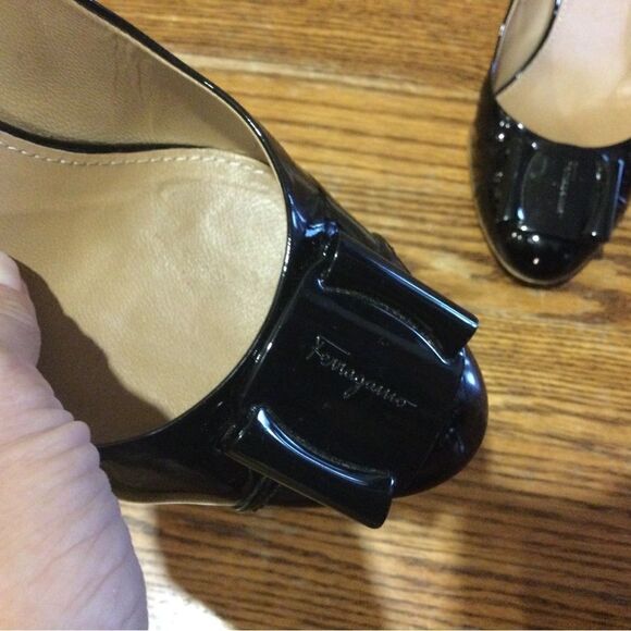 SALVATORE FERRAGAMO Black Patent Leather Pumps Closed Toe Block Heels - Picture 6 of 13
